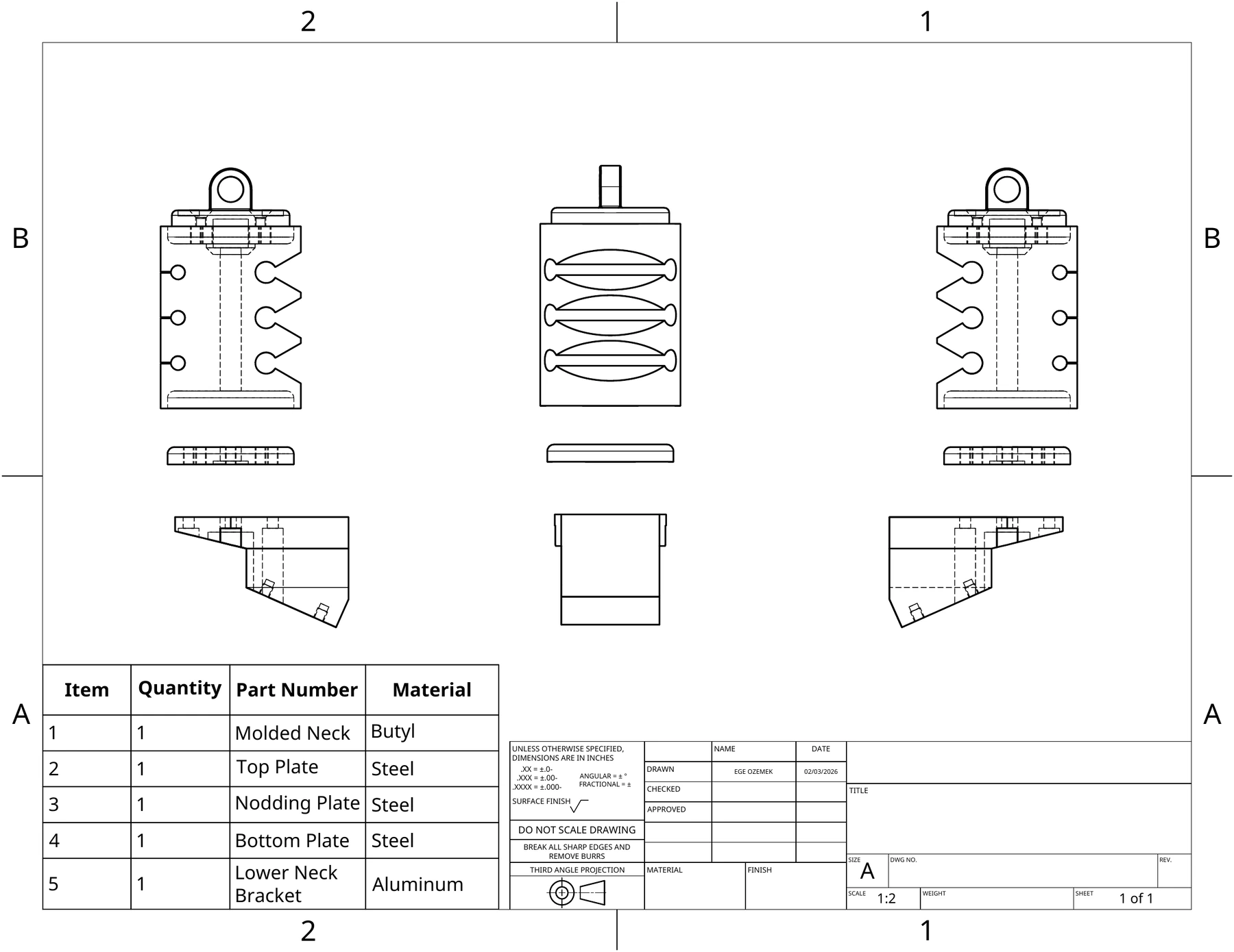 Assembly drawing of the Hybrid III 6YO neck: front, side and rear views of the stacked assembly, above a bill of materials listing five items — Molded Neck in butyl, Top Plate, Nodding Plate and Bottom Plate in steel, and the Lower Neck Bracket in aluminum.