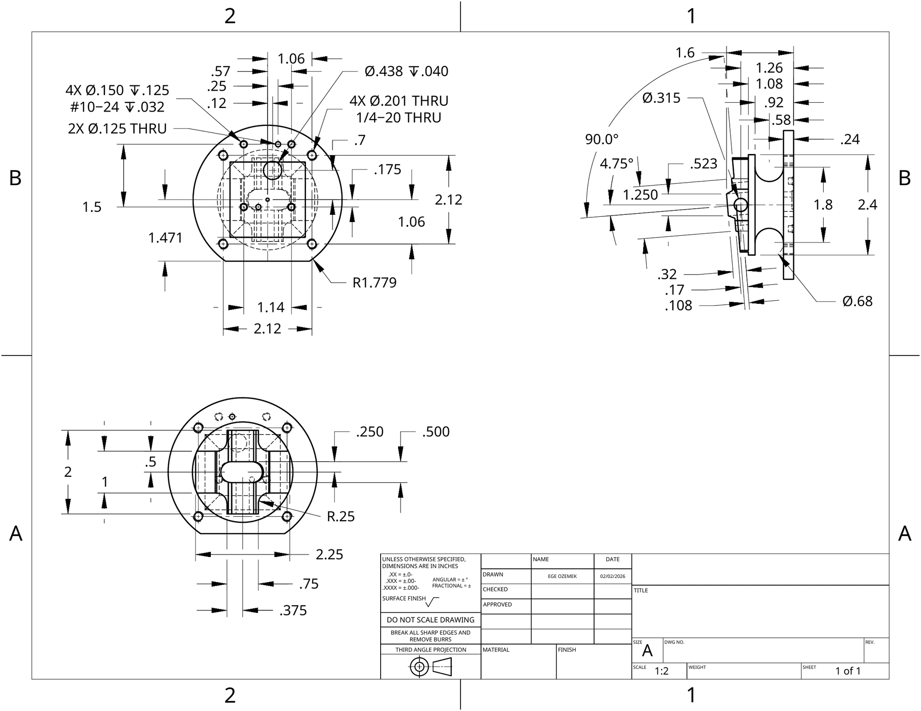 Engineering drawing of the load cell part: three views calling out four Ø.150 holes tapped #10-24 deep .032, four Ø.201 holes tapped ¼-20 through, two Ø.125 through holes, a Ø.438 counterbore deep .040, an R1.779 outer radius and a 4.75° angular dimension.