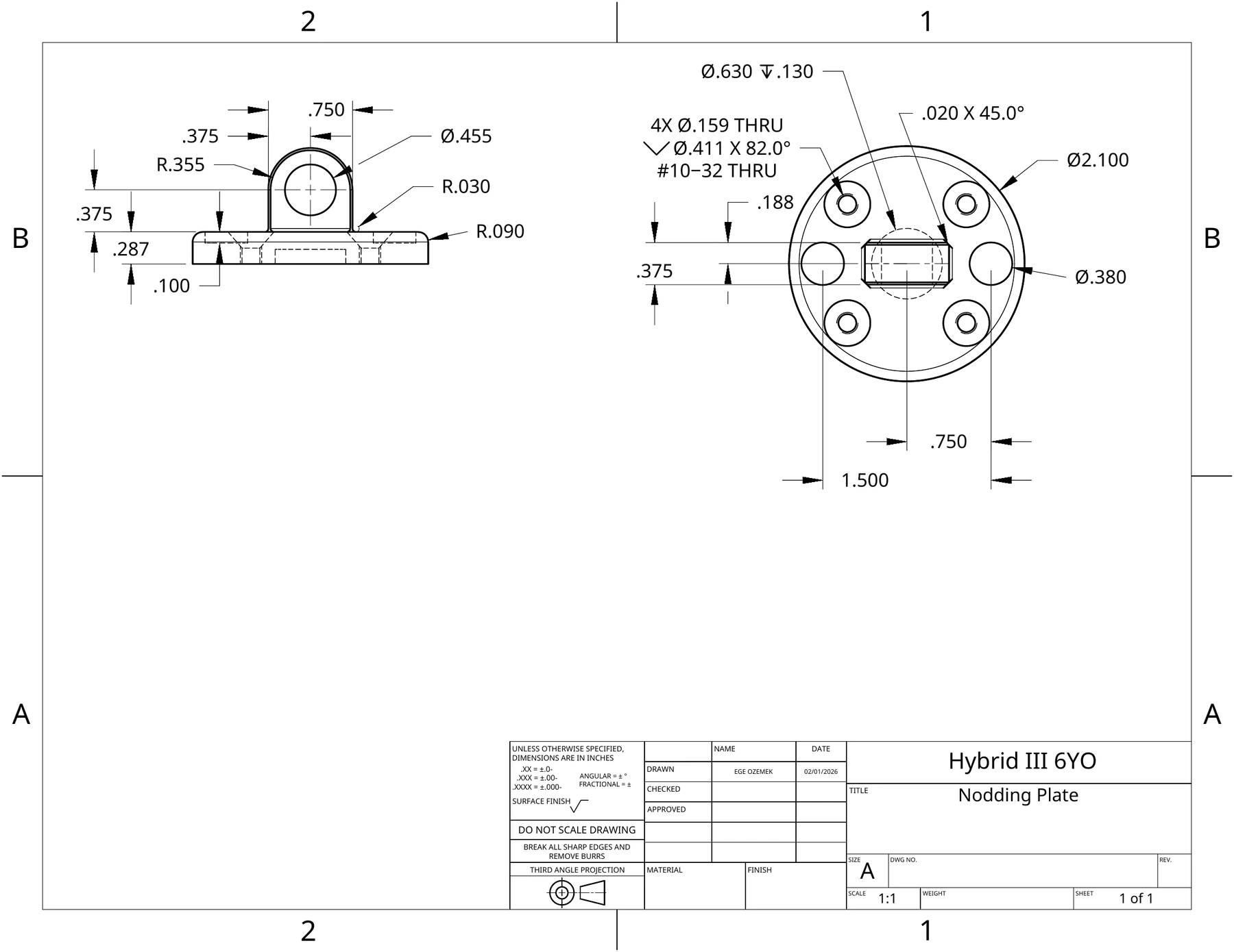 Engineering drawing of the Nodding Plate: a side view of the raised clevis with R.355 and R.090 radii, and a plan view calling out four Ø.159 holes countersunk Ø.411 at 82° and tapped #10-32 through, a Ø.630 counterbore deep .130, and a .020 × 45° chamfer on a Ø2.100 plate.