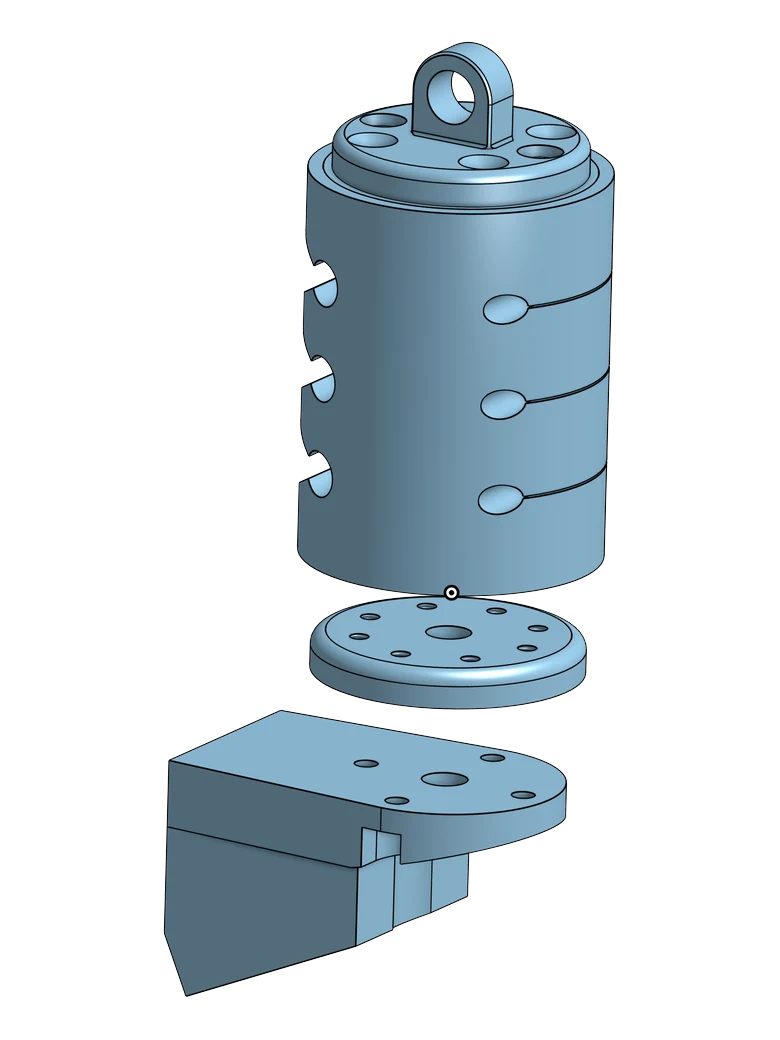 Exploded 3D view of the neck assembly: the molded neck column with three scalloped notches down its side sits above a circular bottom plate, which sits above the wedge-shaped lower neck bracket.