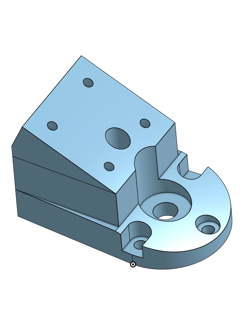 3D view of the Lower Neck Bracket: a wedge-shaped aluminum block with a rounded flange, a large central bore and several threaded holes.