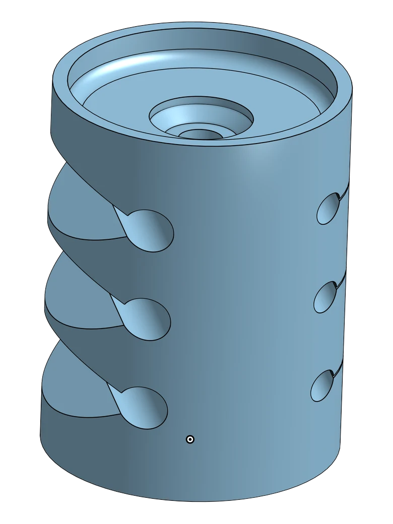 3D view of the Molded Neck: a butyl cylinder with three scalloped notches cut down one side and a recessed, stepped bore in the top face.