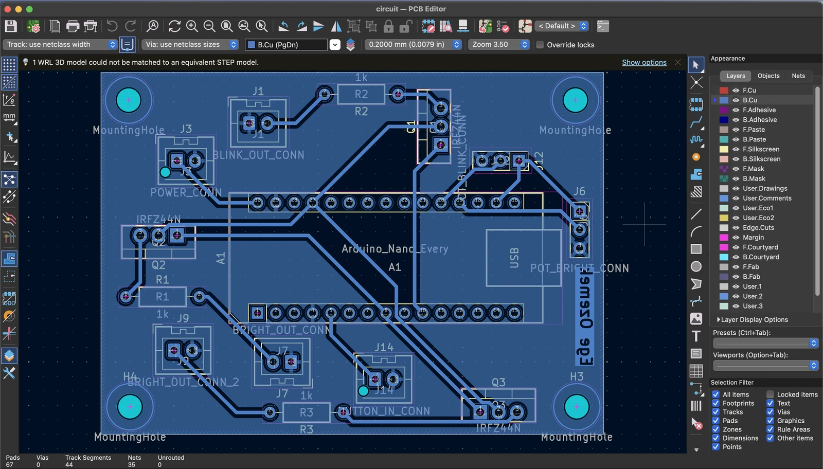 KiCad PCB editor showing the routed two-layer lightbox board: an Arduino Nano Every footprint in the middle, IRFZ44N MOSFETs, connector headers for power, button, brightness and blink, and four M3 mounting holes at the corners. The status bar reads 67 pads, 0 vias, 44 track segments, 35 nets, 0 unrouted.